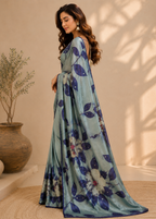 Ice Blue Floral Digital Printed Kasturi Silk Saree with Sequin & Zari Accents