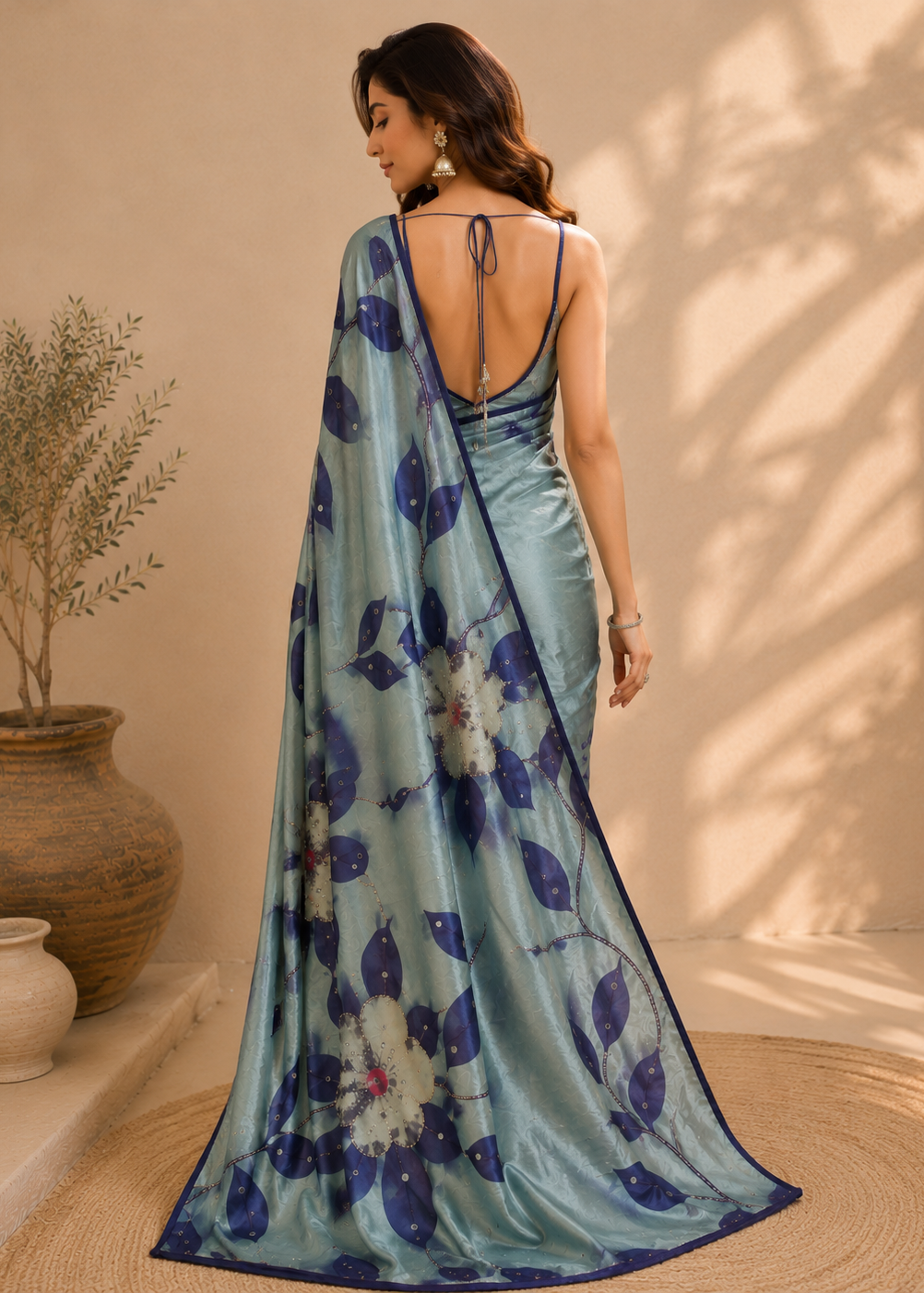 Ice Blue Floral Digital Printed Kasturi Silk Saree with Sequin & Zari Accents