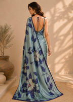 Ice Blue Floral Digital Printed Kasturi Silk Saree with Sequin & Zari Accents
