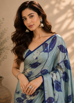 Ice Blue Floral Digital Printed Kasturi Silk Saree with Sequin & Zari Accents