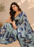 Ice Blue Floral Digital Printed Kasturi Silk Saree with Sequin & Zari Accents