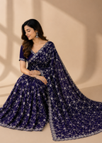 Midnight Bloom Silver Embroidered Crush Silk Saree