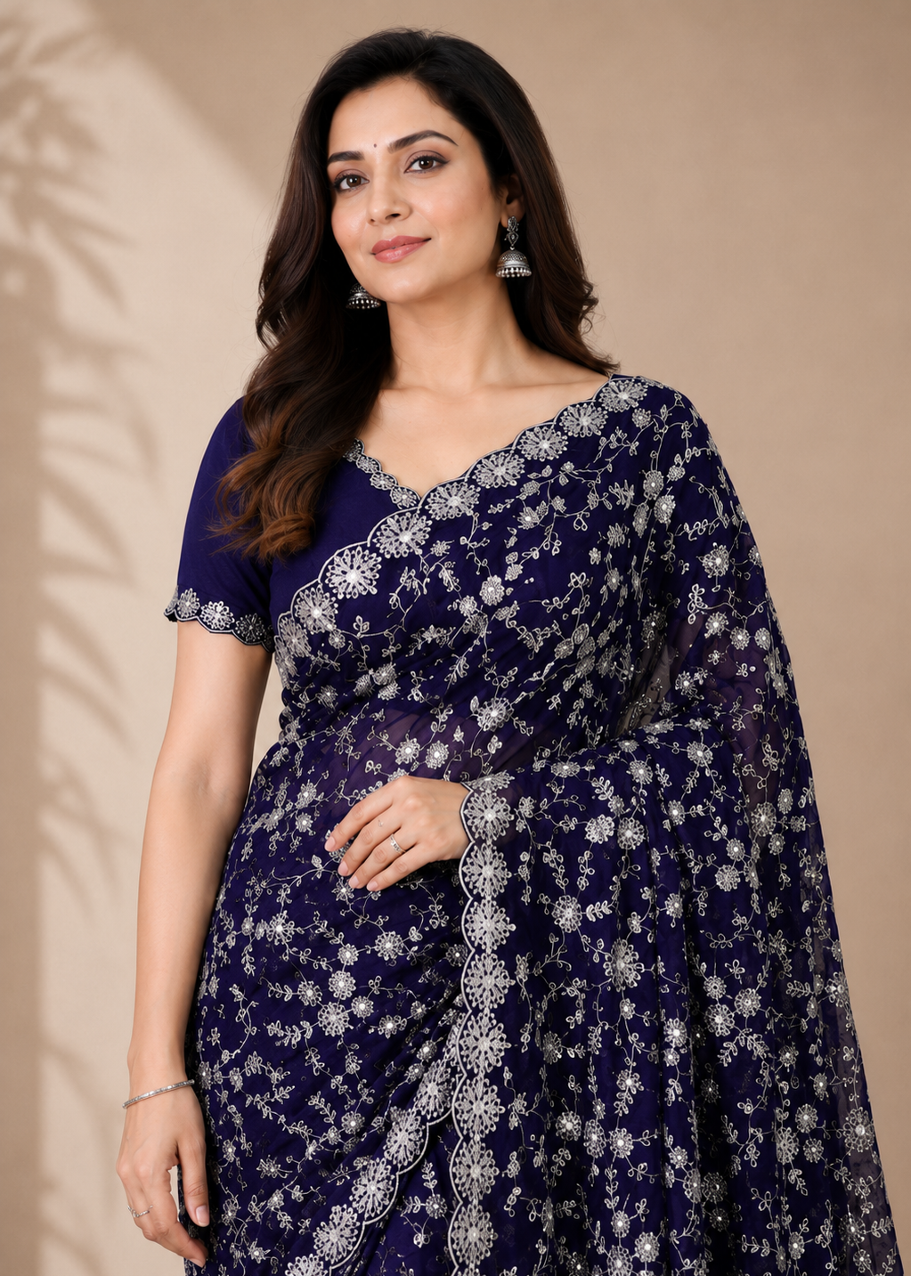 Midnight Bloom Silver Embroidered Crush Silk Saree
