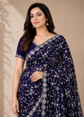 Midnight Bloom Silver Embroidered Crush Silk Saree