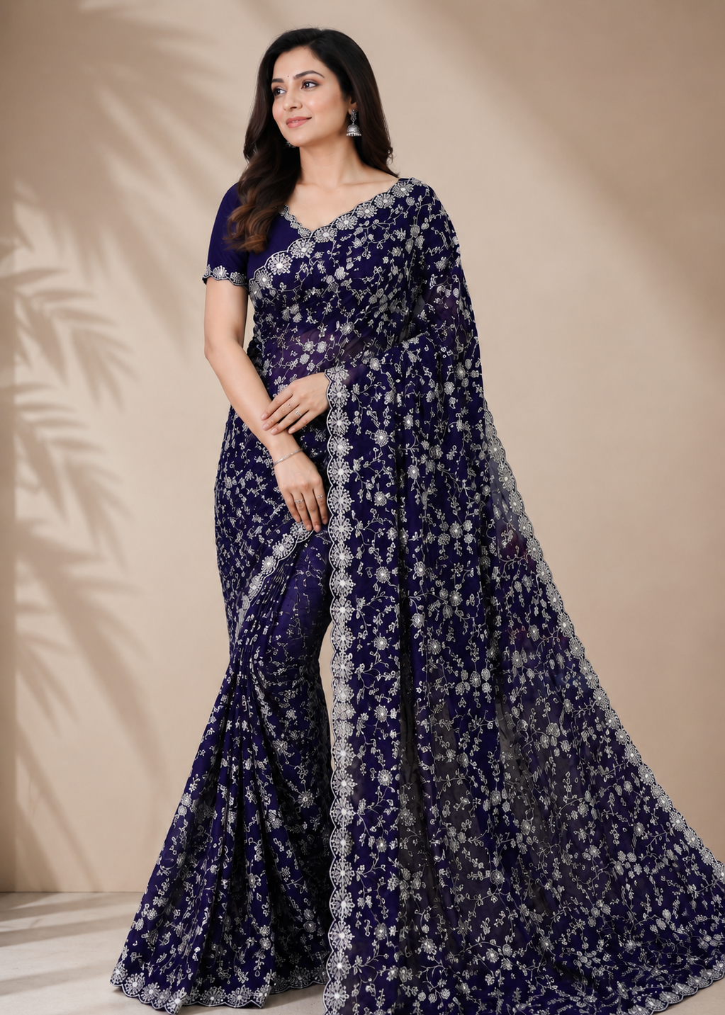 Midnight Bloom Silver Embroidered Crush Silk Saree