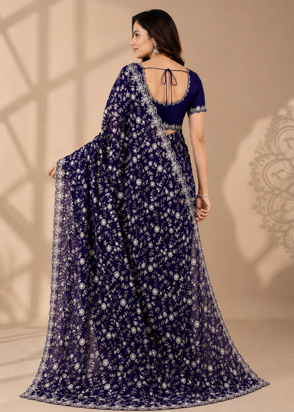 Midnight Bloom Silver Embroidered Crush Silk Saree