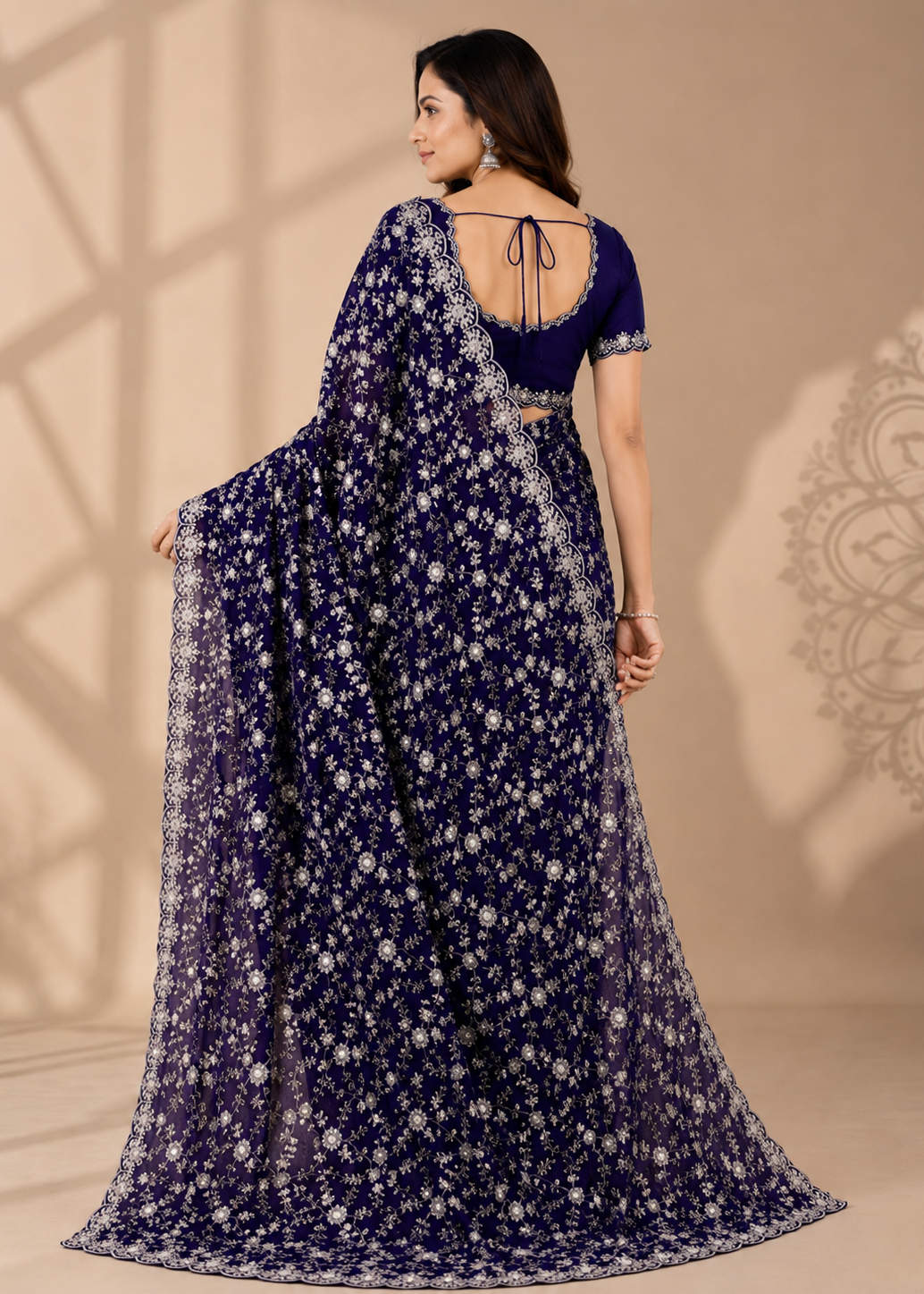 Midnight Bloom Silver Embroidered Crush Silk Saree