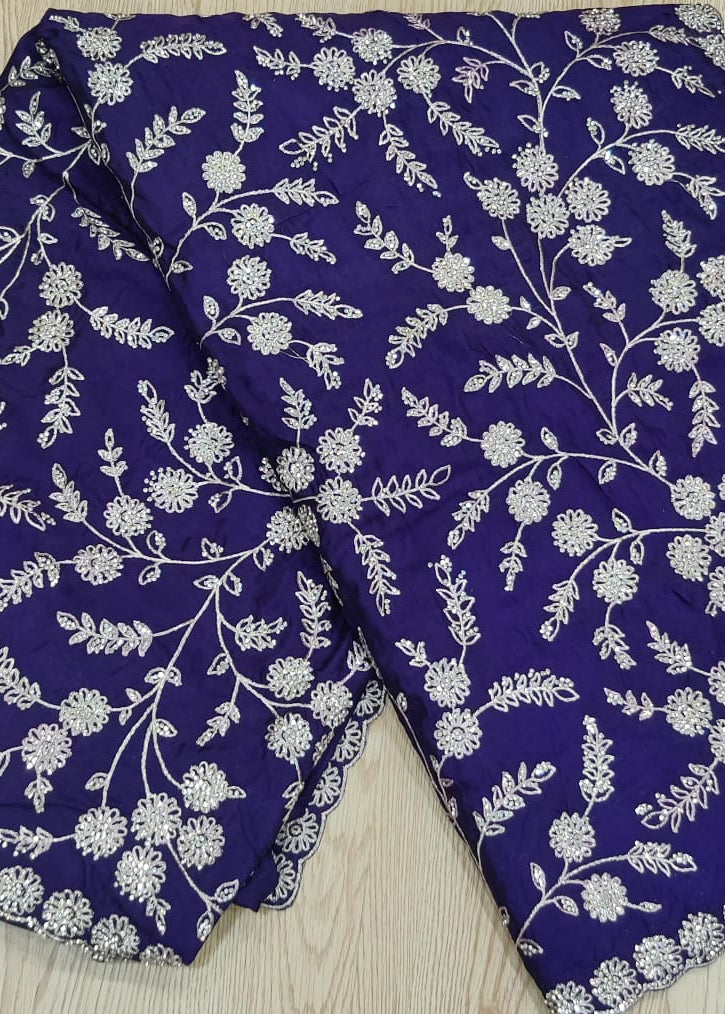 Midnight Bloom Silver Embroidered Crush Silk Saree