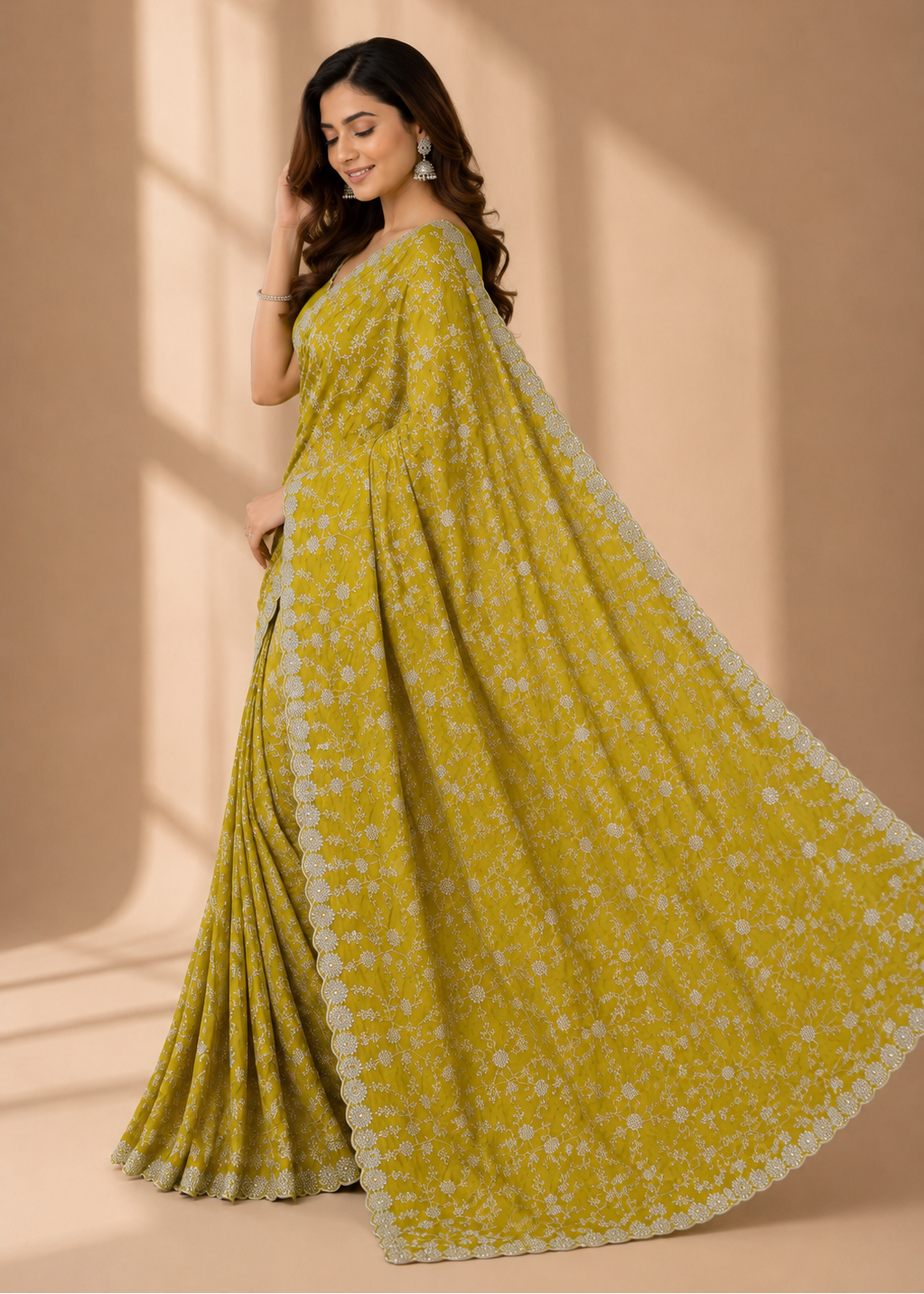 Sunlit Meadow Silver Embroidered Crush Silk Saree