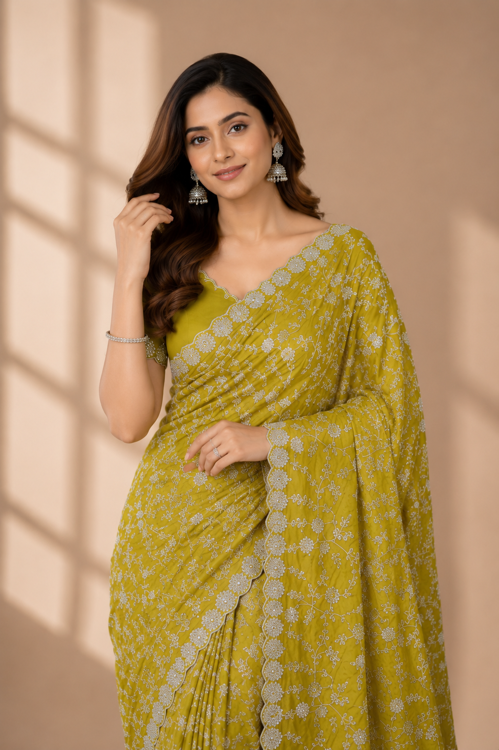 Sunlit Meadow Silver Embroidered Crush Silk Saree