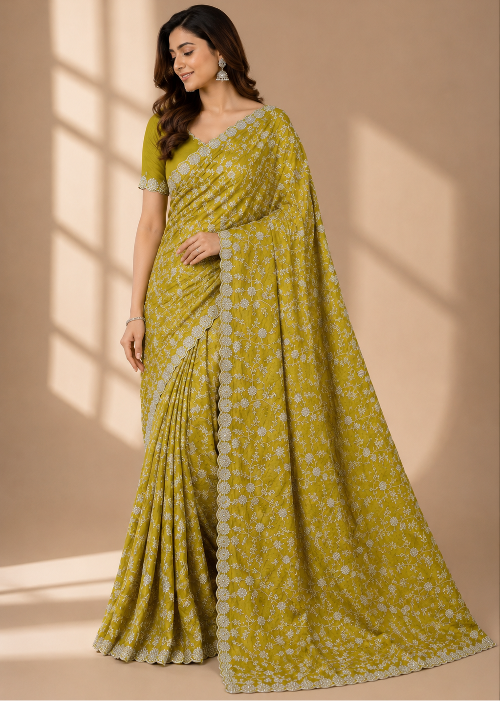 Sunlit Meadow Silver Embroidered Crush Silk Saree