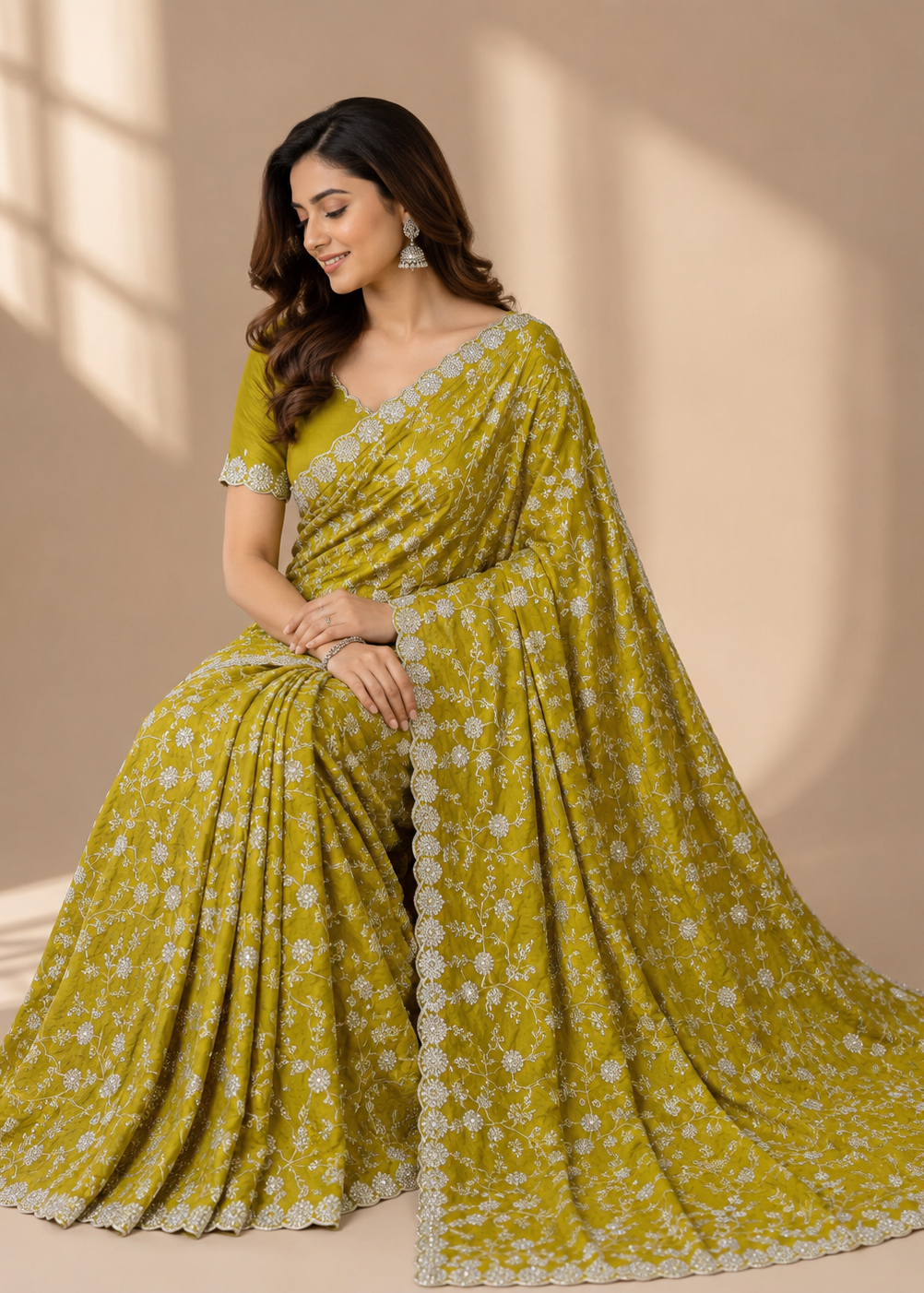 Sunlit Meadow Silver Embroidered Crush Silk Saree