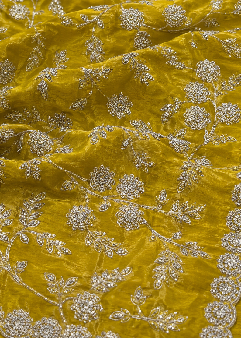Sunlit Meadow Silver Embroidered Crush Silk Saree