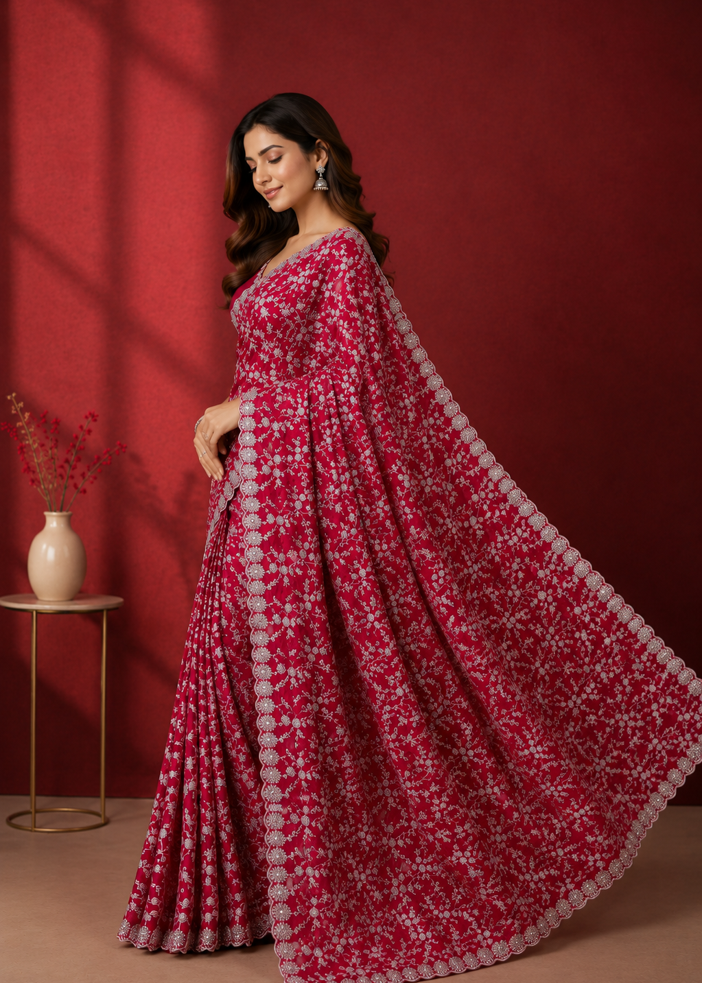 Ruby Blossom Silver Embroidered Crush Silk Saree