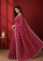Ruby Blossom Silver Embroidered Crush Silk Saree