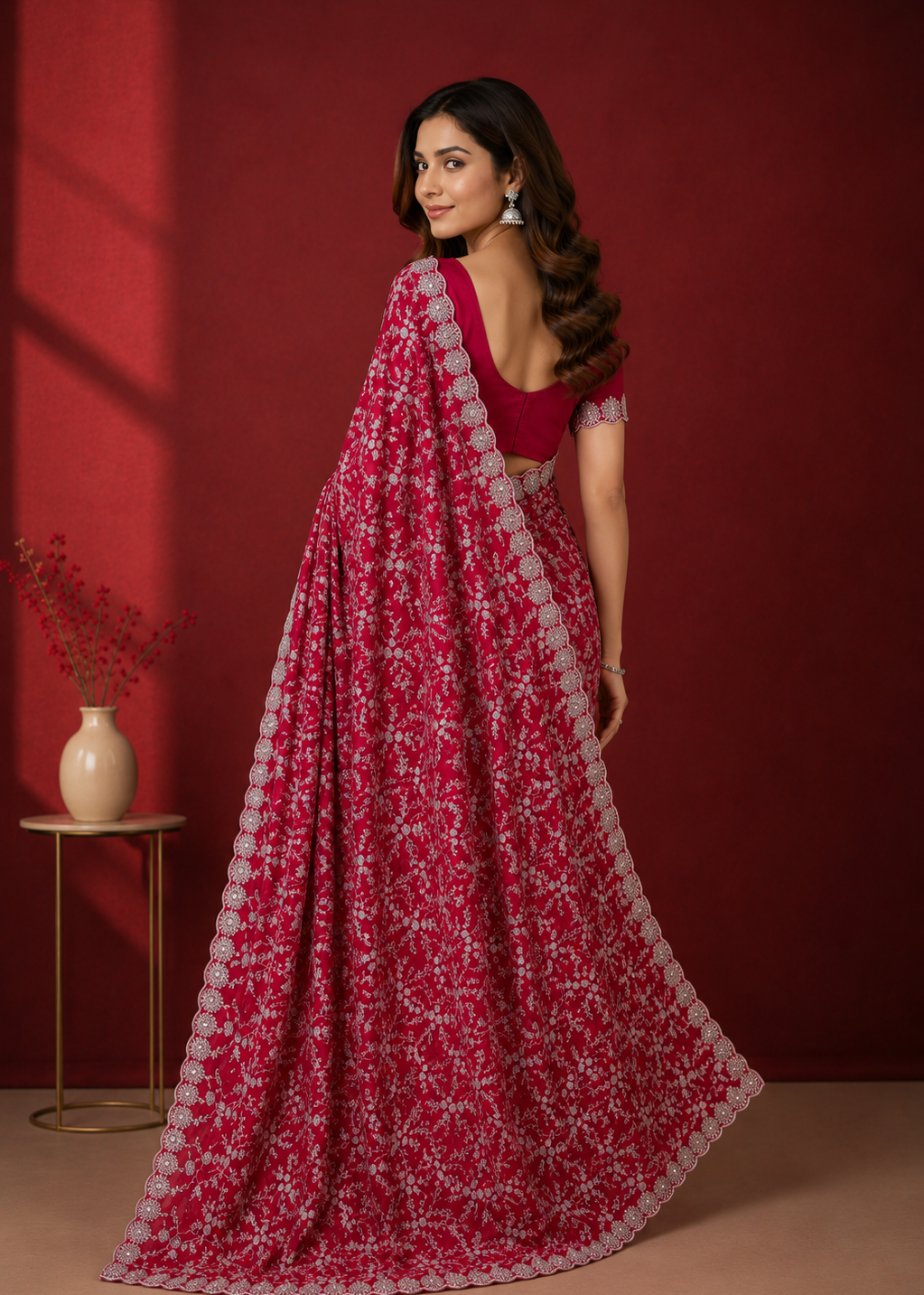 Ruby Blossom Silver Embroidered Crush Silk Saree