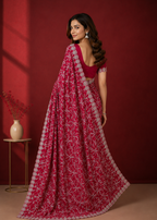 Ruby Blossom Silver Embroidered Crush Silk Saree