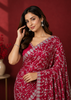 Ruby Blossom Silver Embroidered Crush Silk Saree