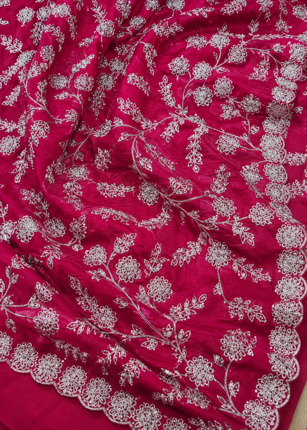 Ruby Blossom Silver Embroidered Crush Silk Saree