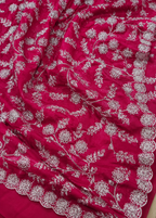 Ruby Blossom Silver Embroidered Crush Silk Saree