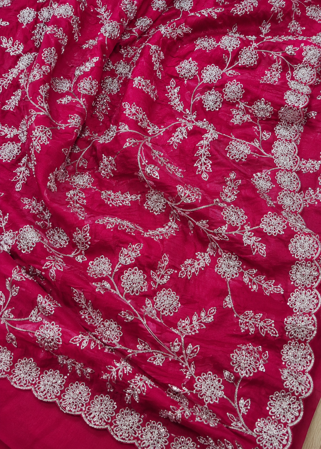 Ruby Blossom Silver Embroidered Crush Silk Saree