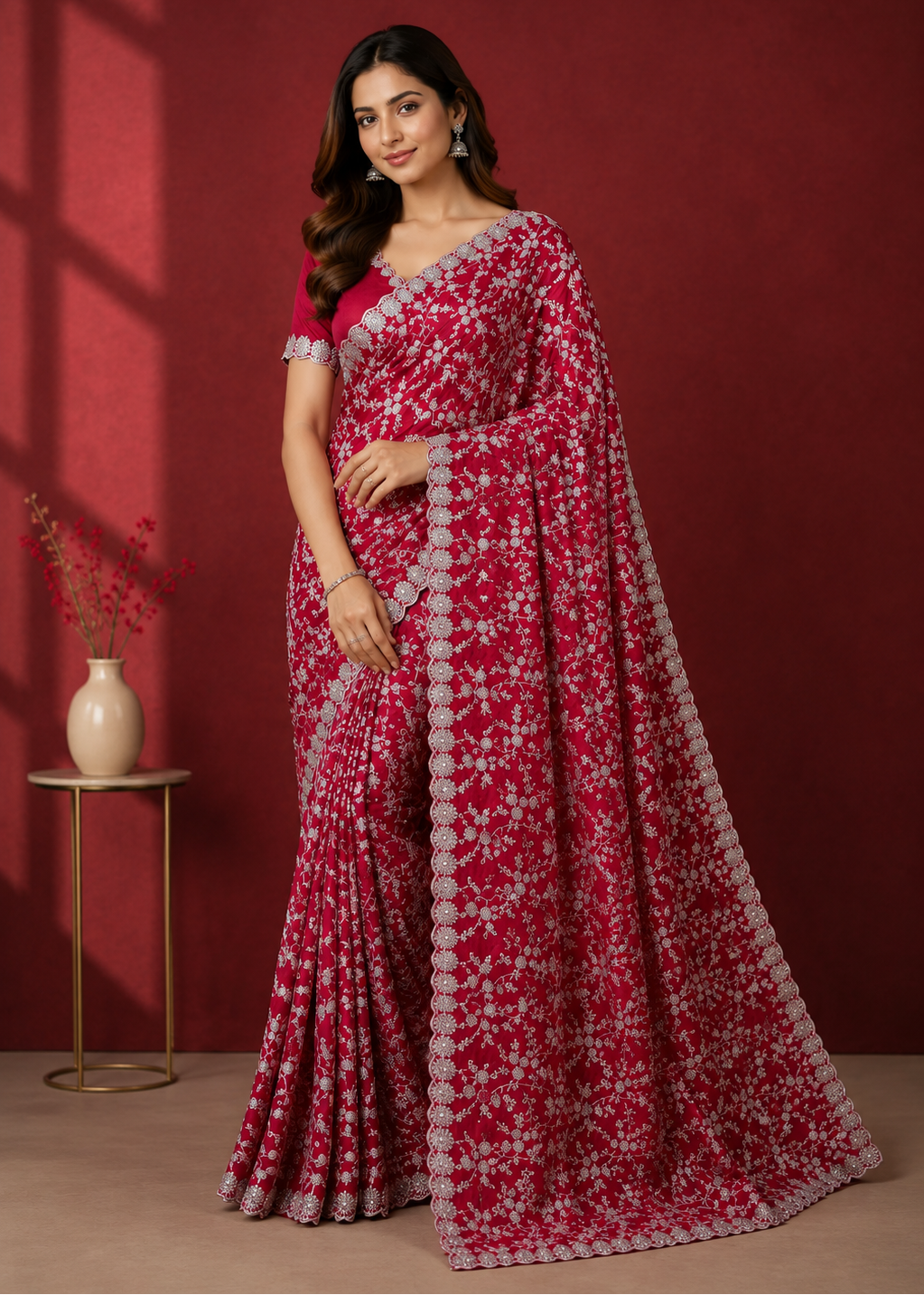 Ruby Blossom Silver Embroidered Crush Silk Saree