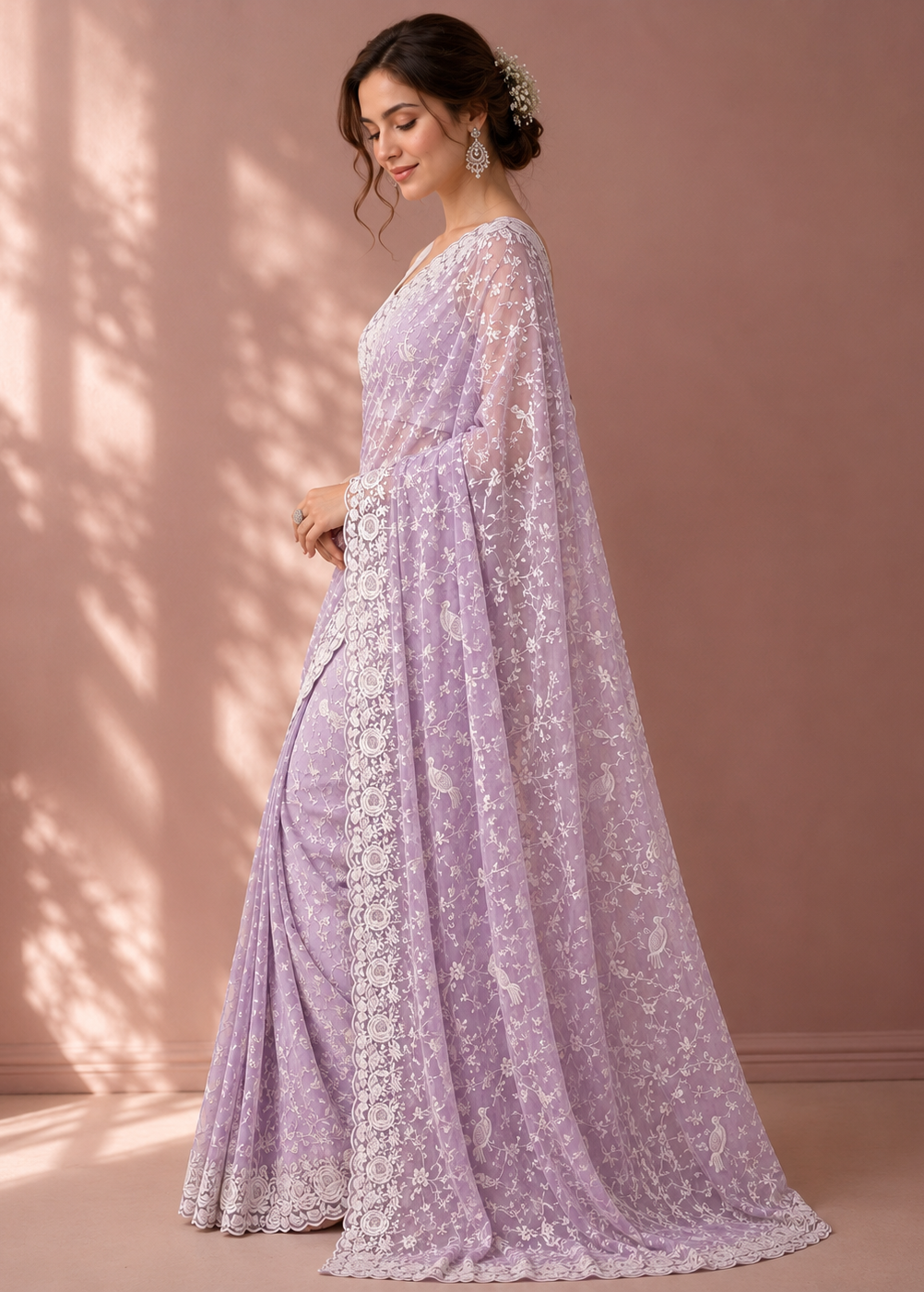 Lavender Blossom Chikankari Embroidered Georgette Saree
