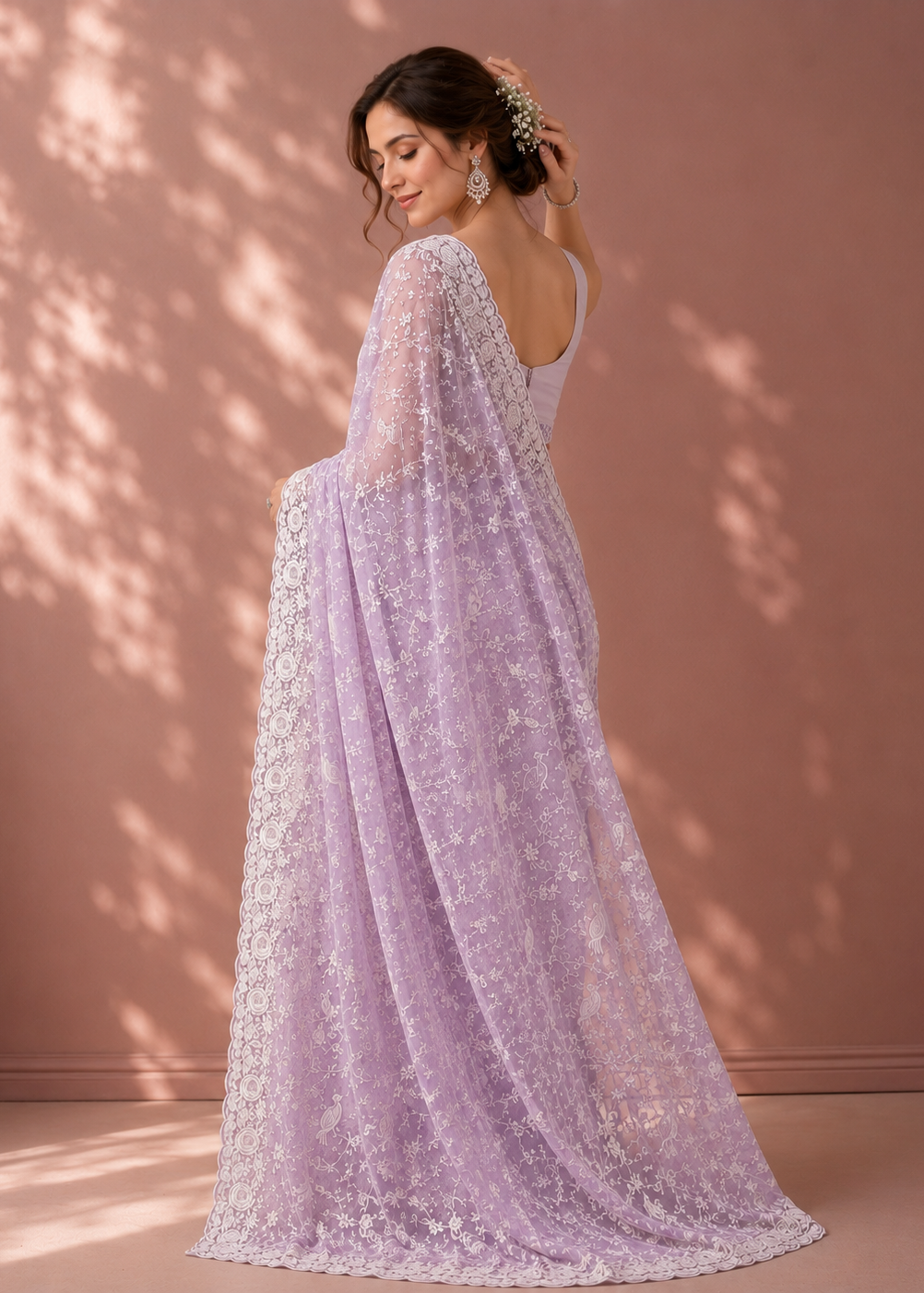 Lavender Blossom Chikankari Embroidered Georgette Saree