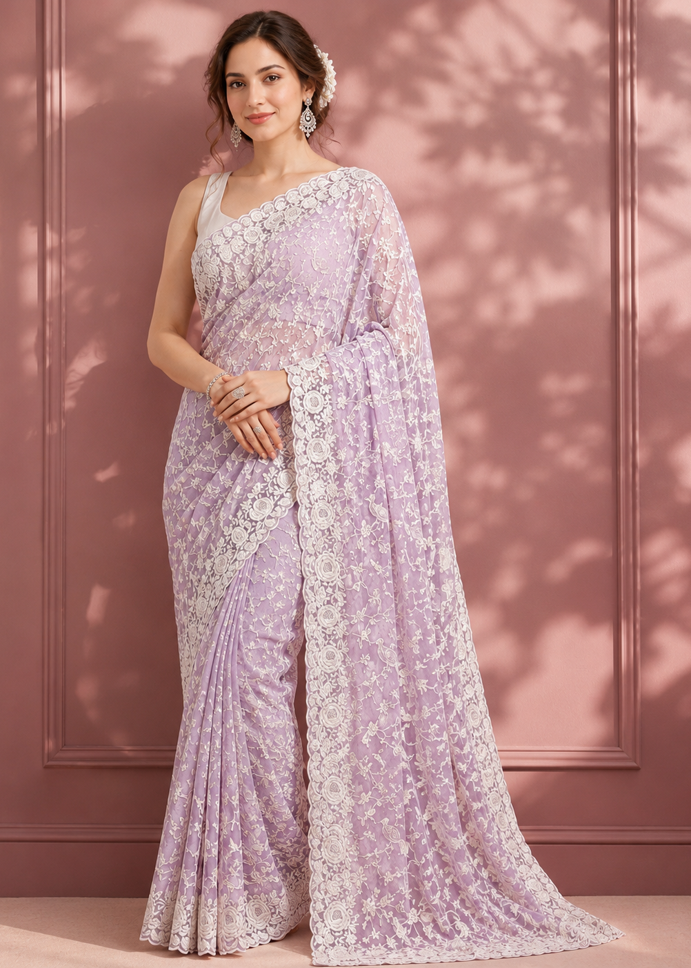 Lavender Blossom Chikankari Embroidered Georgette Saree