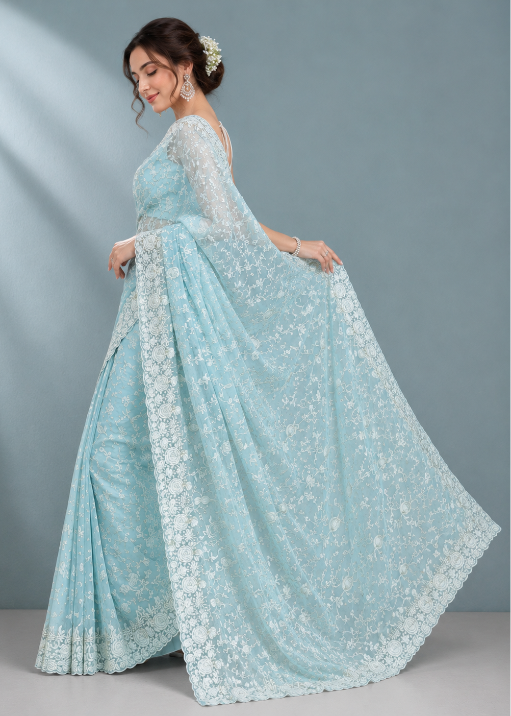 Azure Bloom Chikankari Embroidered Georgette Saree