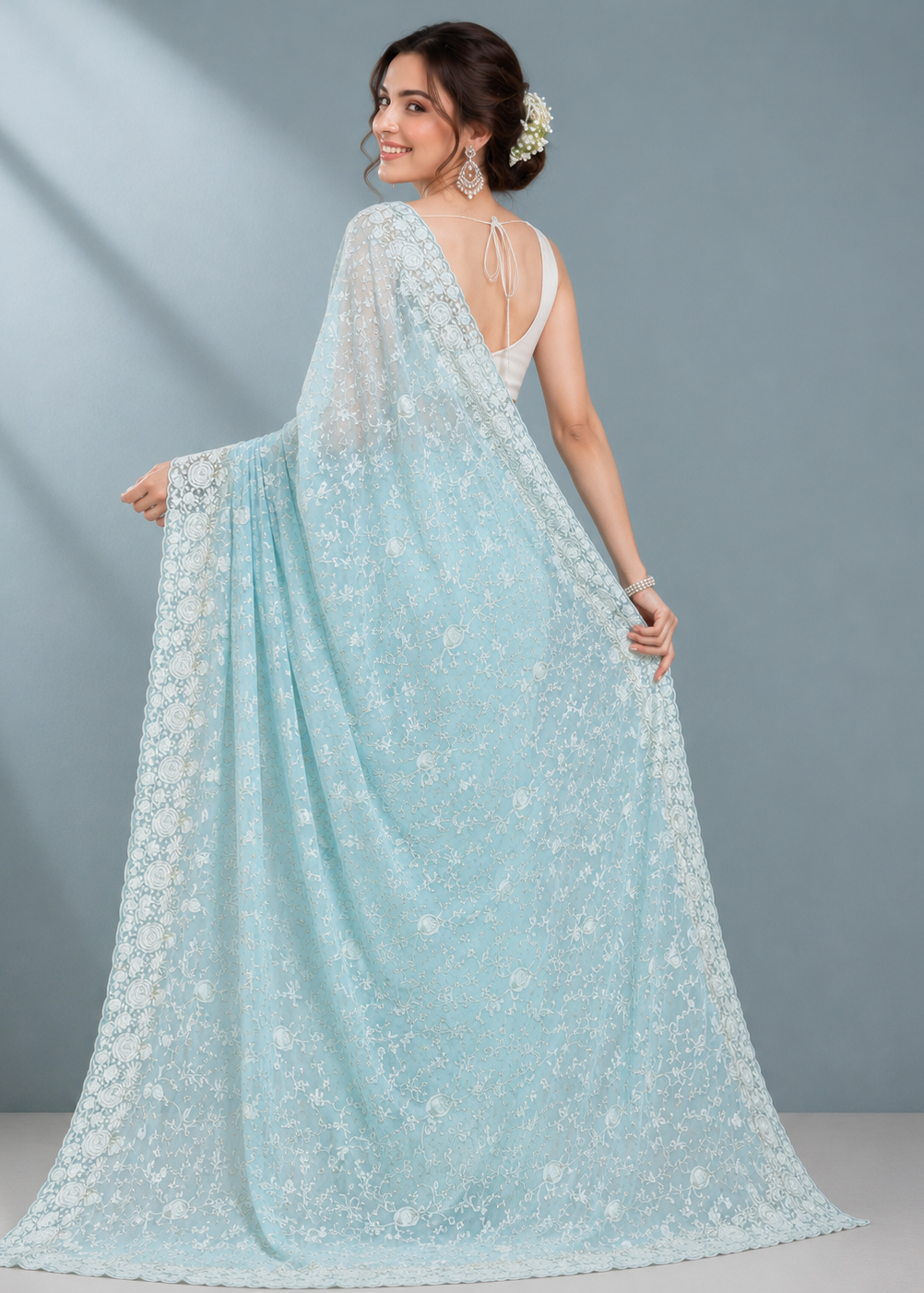 Azure Bloom Chikankari Embroidered Georgette Saree