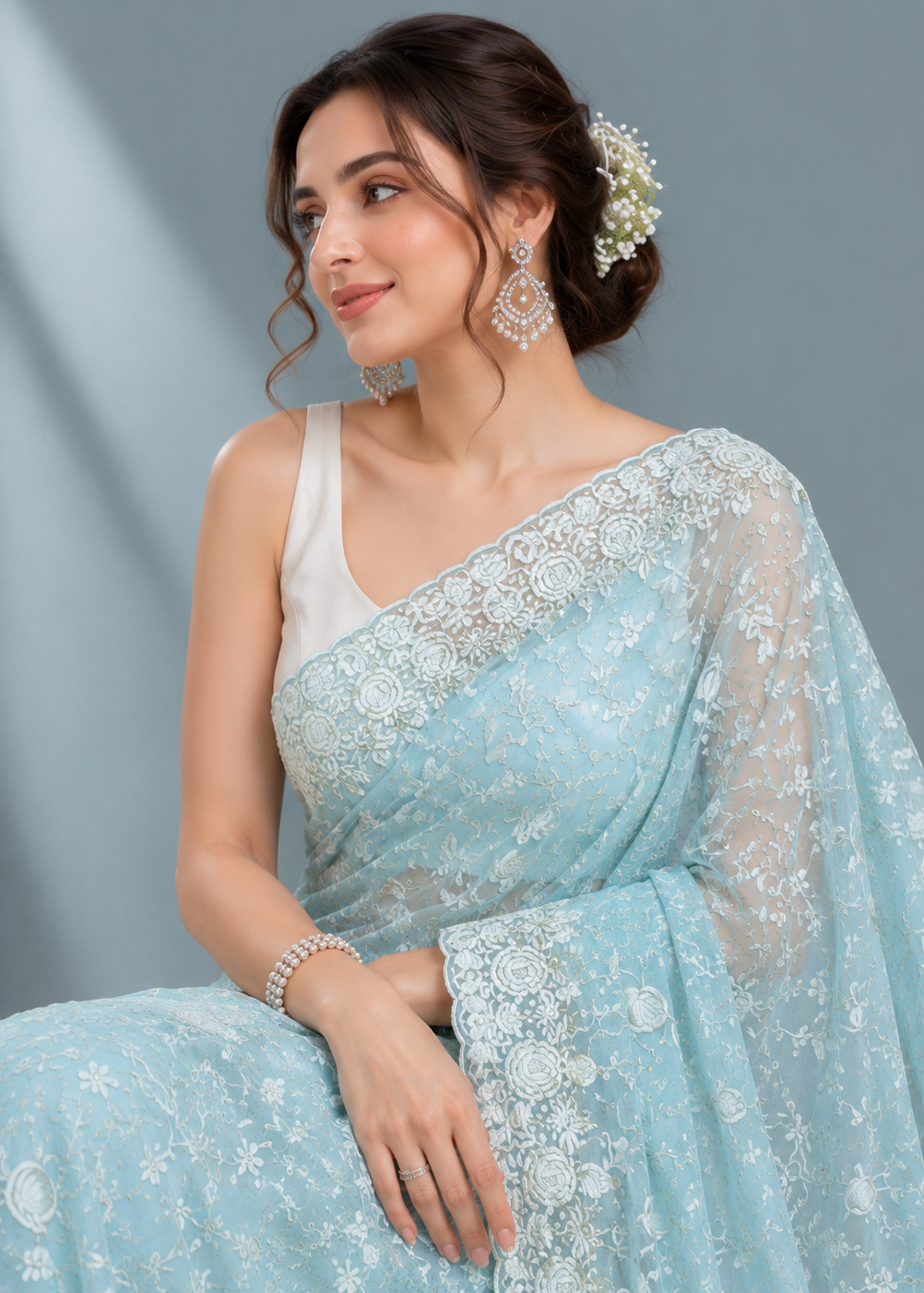 Azure Bloom Chikankari Embroidered Georgette Saree