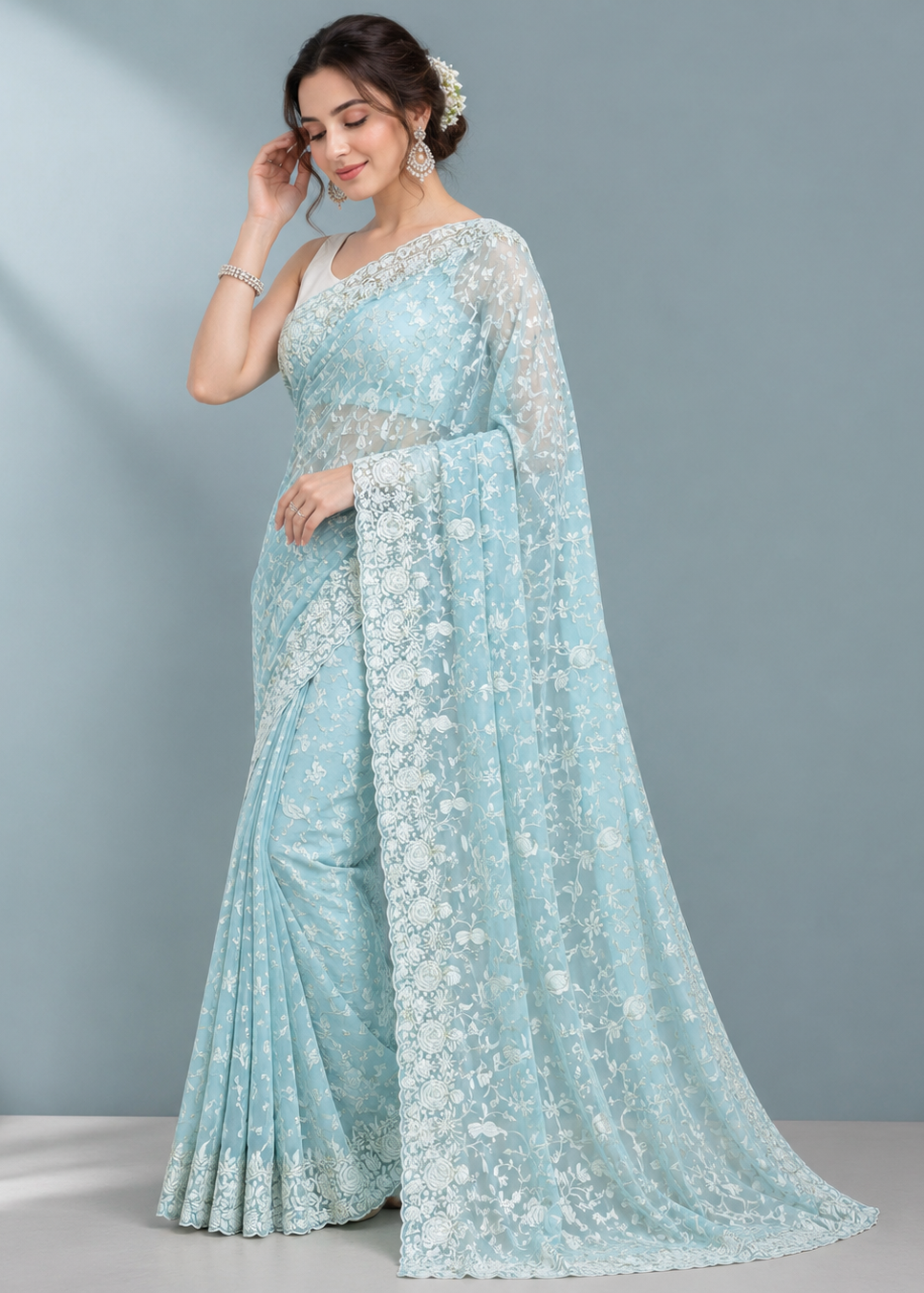 Azure Bloom Chikankari Embroidered Georgette Saree