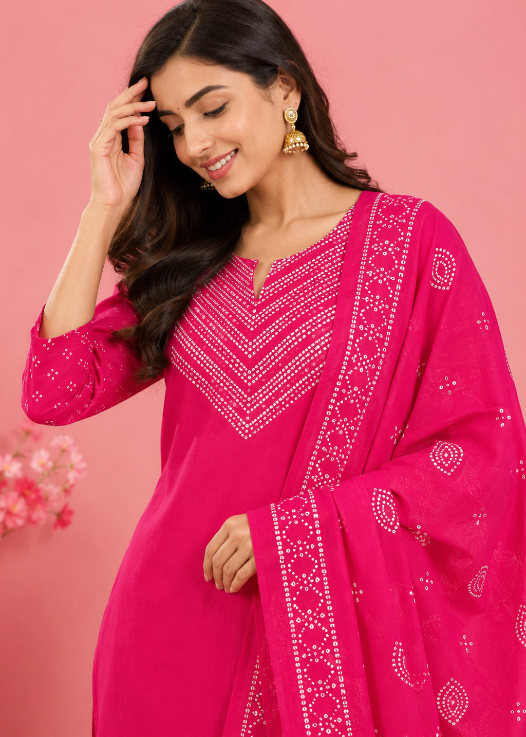 Rani Pink Bandhani Printed Kurta Pant Set with Dupatta
