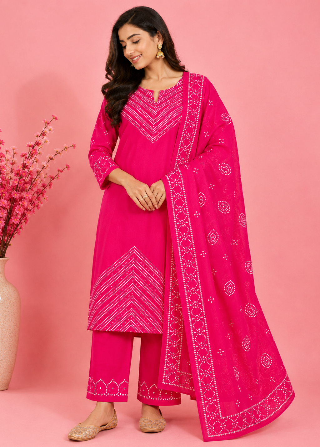 Rani Pink Bandhani Printed Kurta Pant Set with Dupatta
