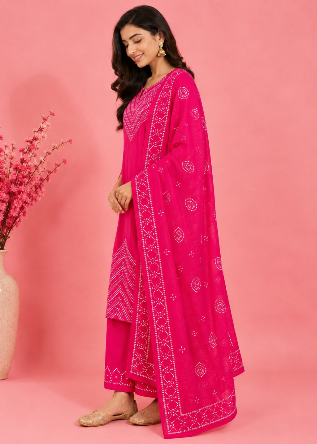Rani Pink Bandhani Printed Kurta Pant Set with Dupatta