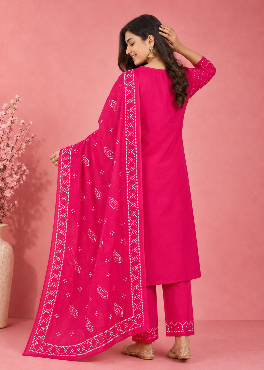 Rani Pink Bandhani Printed Kurta Pant Set with Dupatta