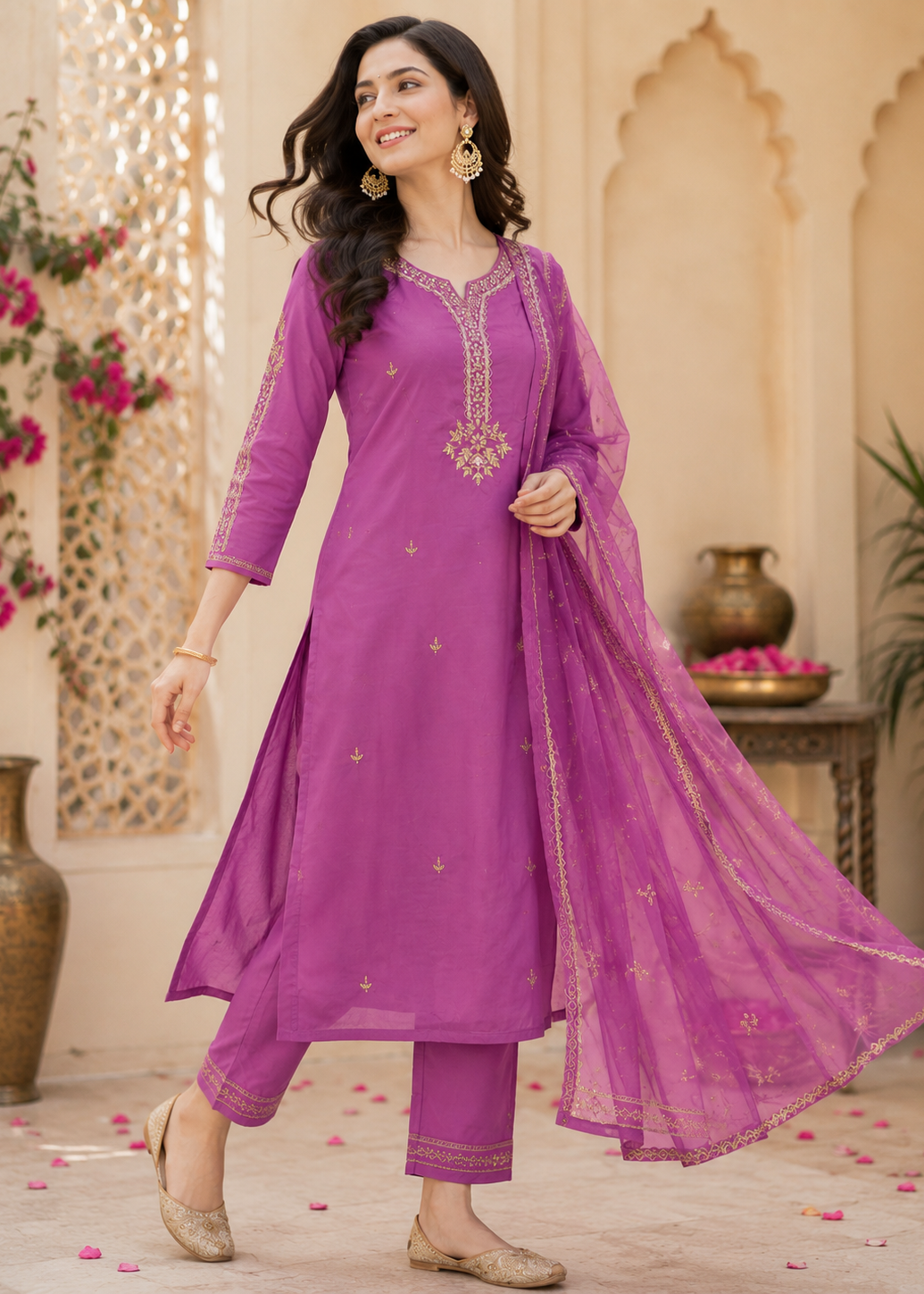 Gulbahaar Embroidered Kurta Pant Set with Organza Dupatta