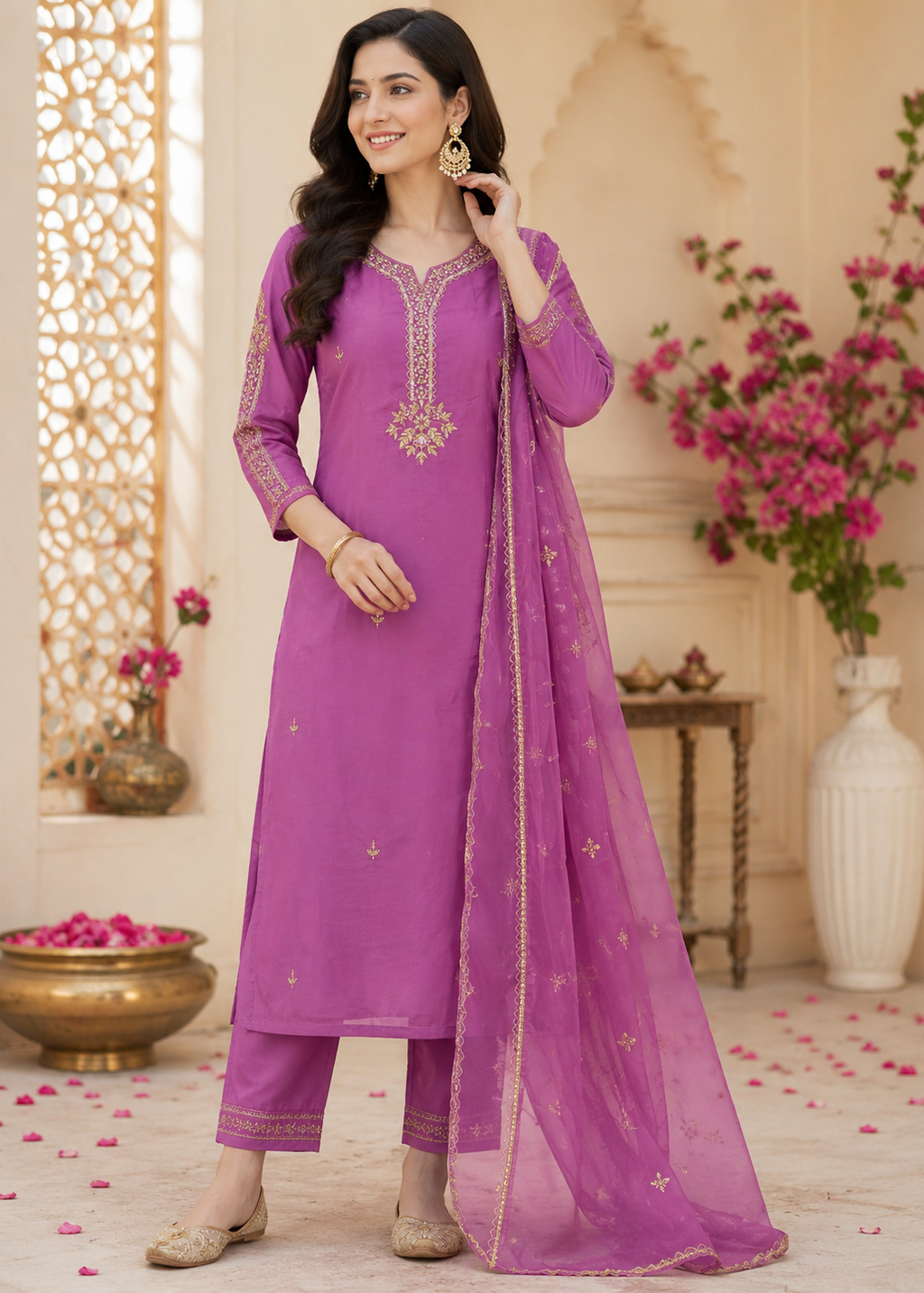 Gulbahaar Embroidered Kurta Pant Set with Organza Dupatta
