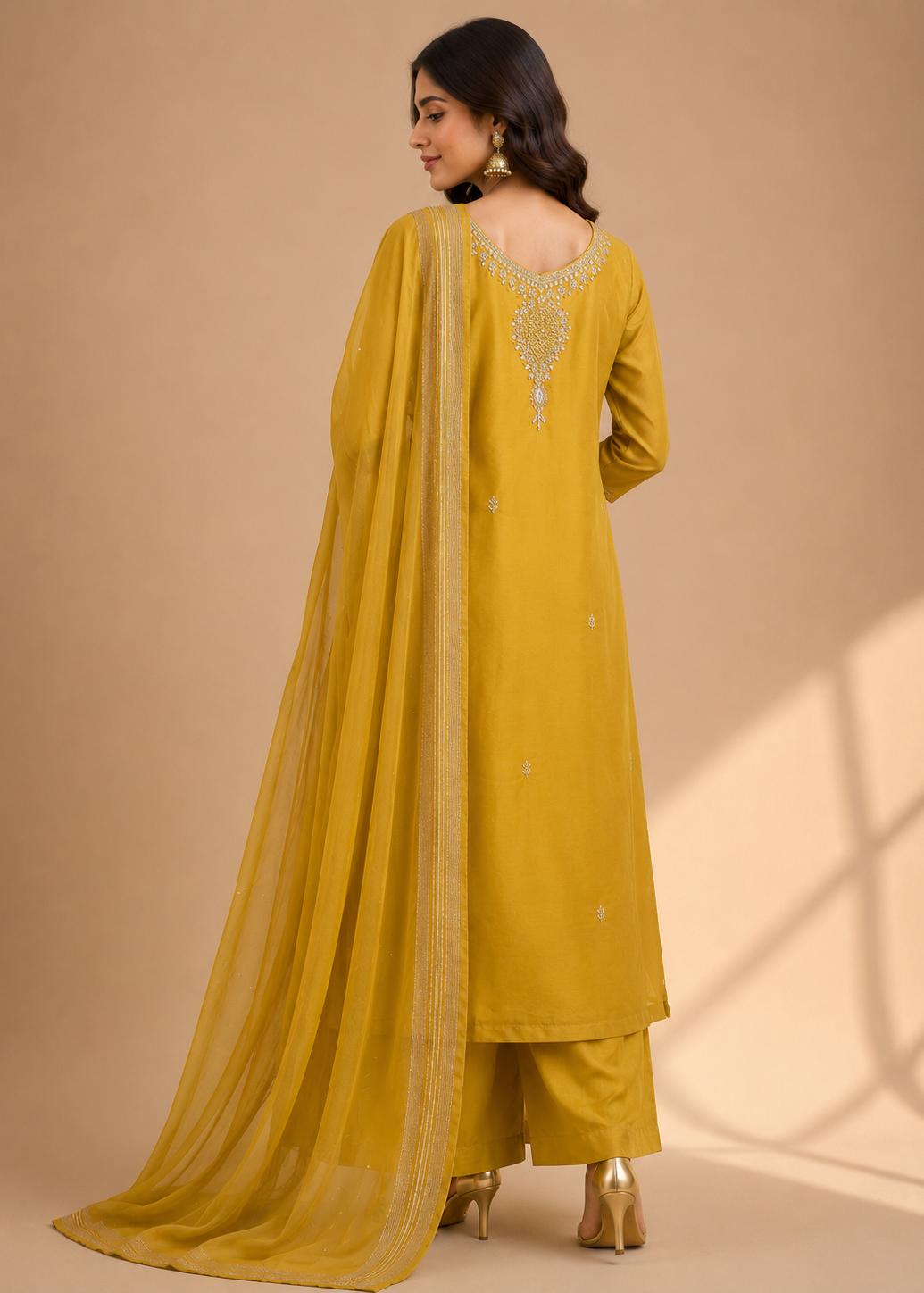 Mustard Yellow Embellished Kurta Set with Organza Dupatta