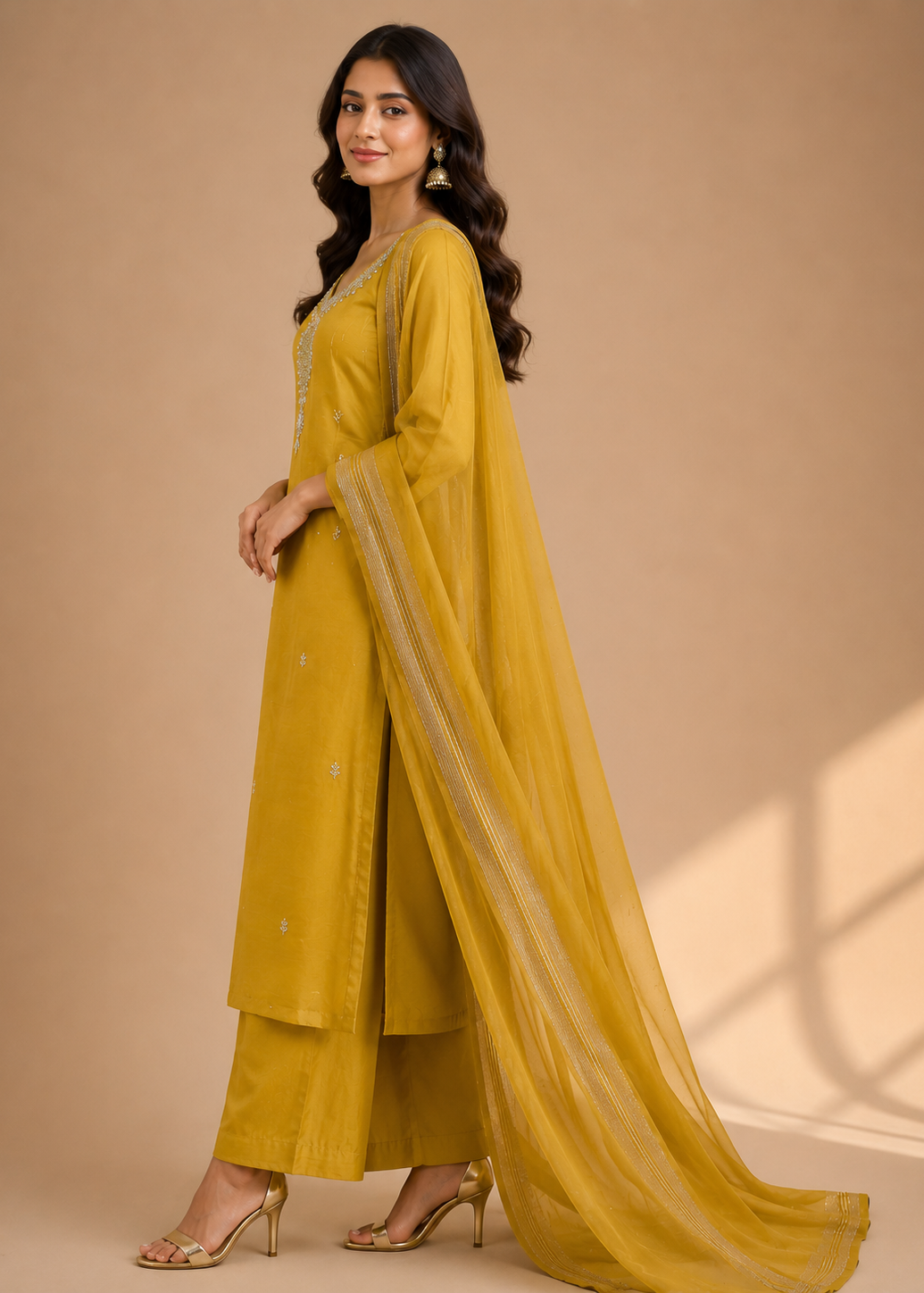 Mustard Yellow Embellished Kurta Set with Organza Dupatta