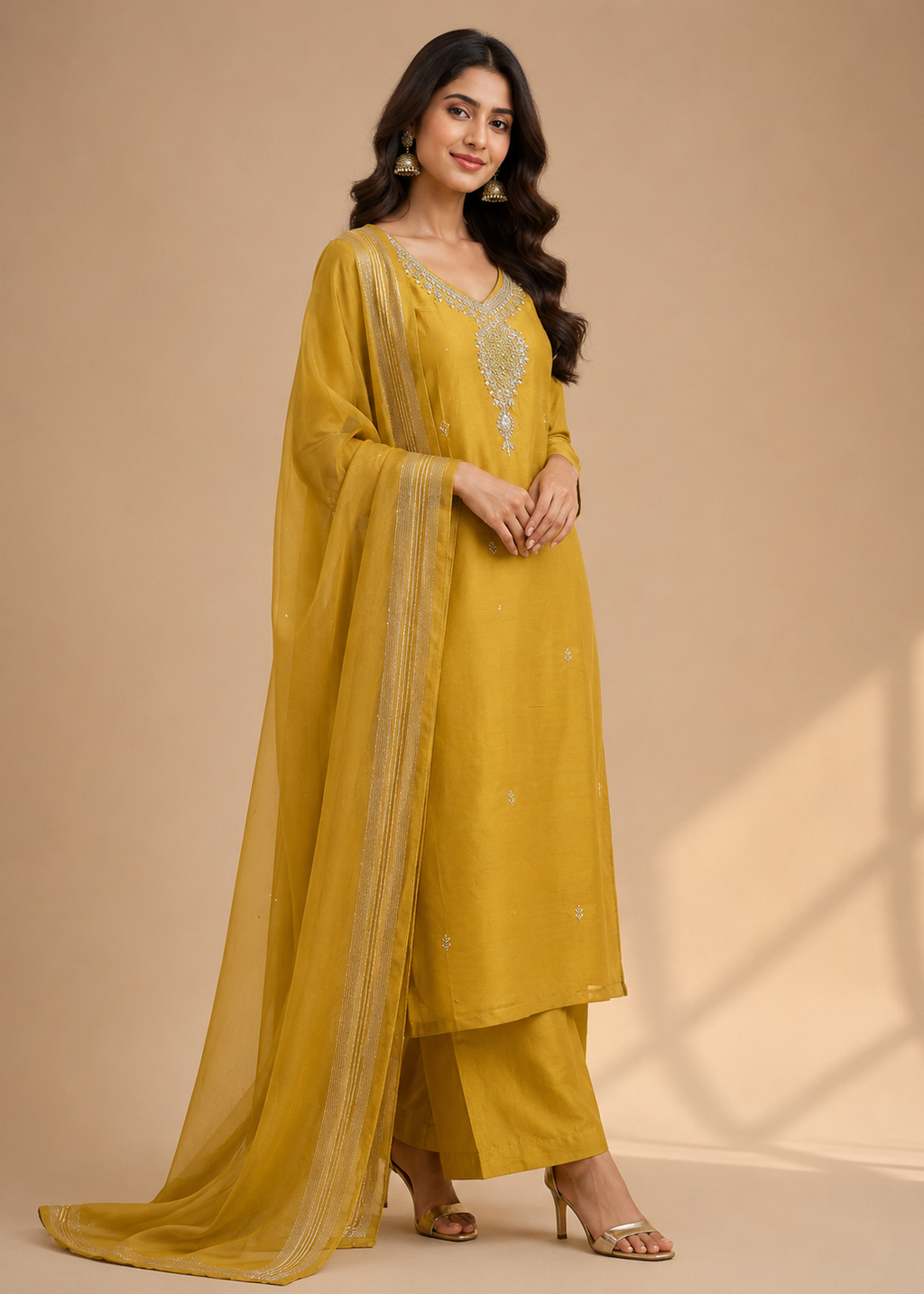 Mustard Yellow Embellished Kurta Set with Organza Dupatta