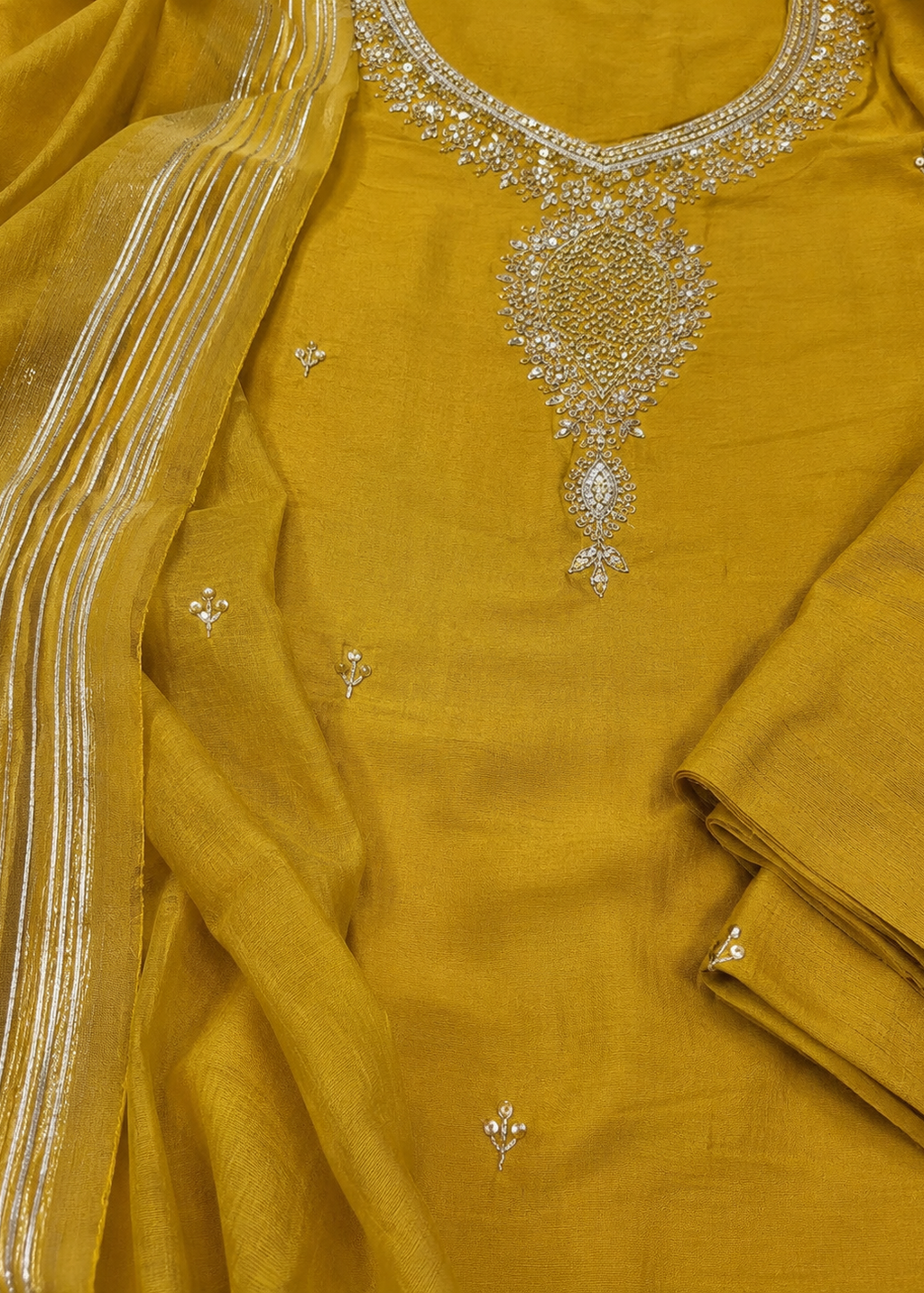 Mustard Yellow Embellished Kurta Set with Organza Dupatta