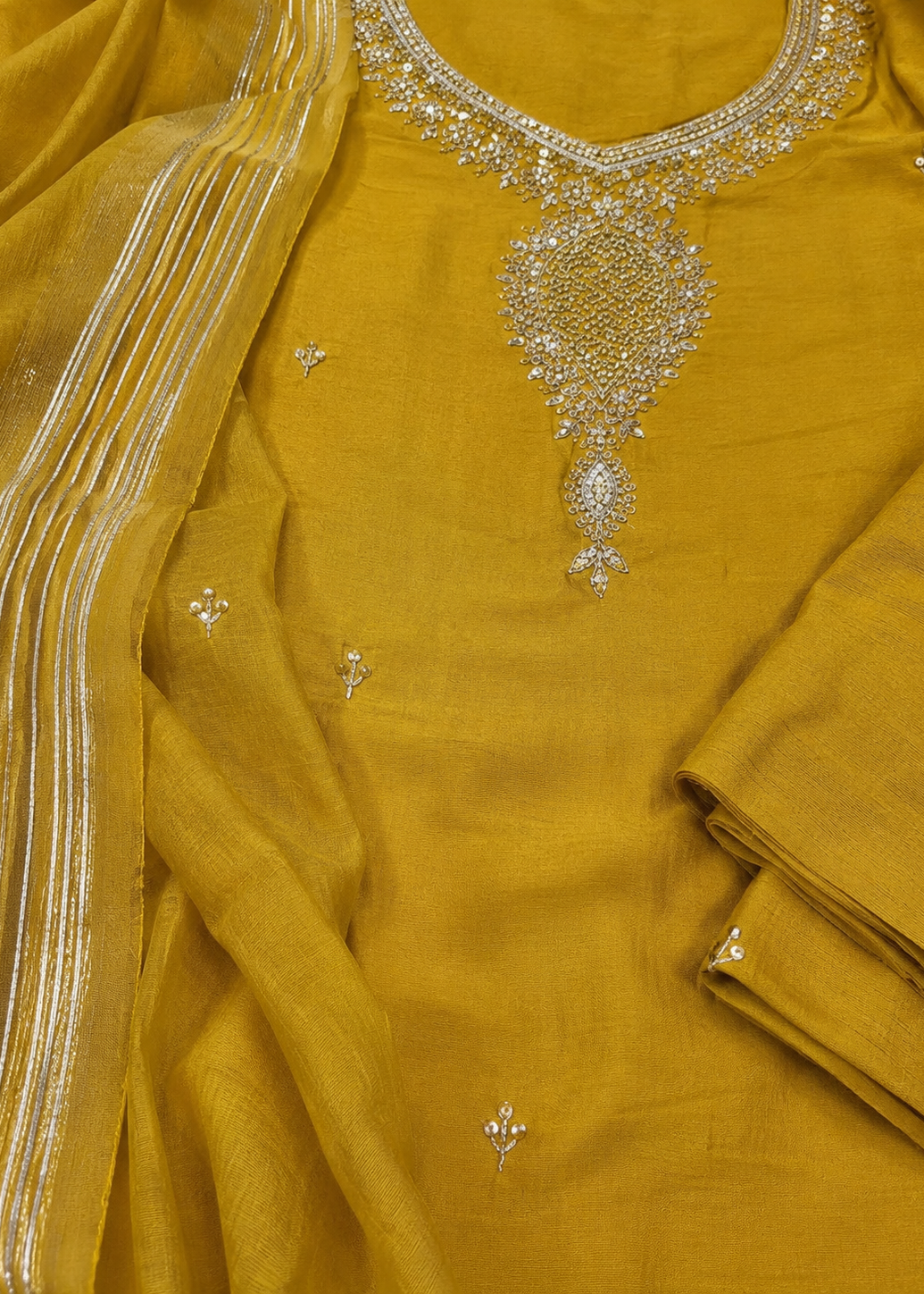Mustard Yellow Embellished Kurta Set with Organza Dupatta