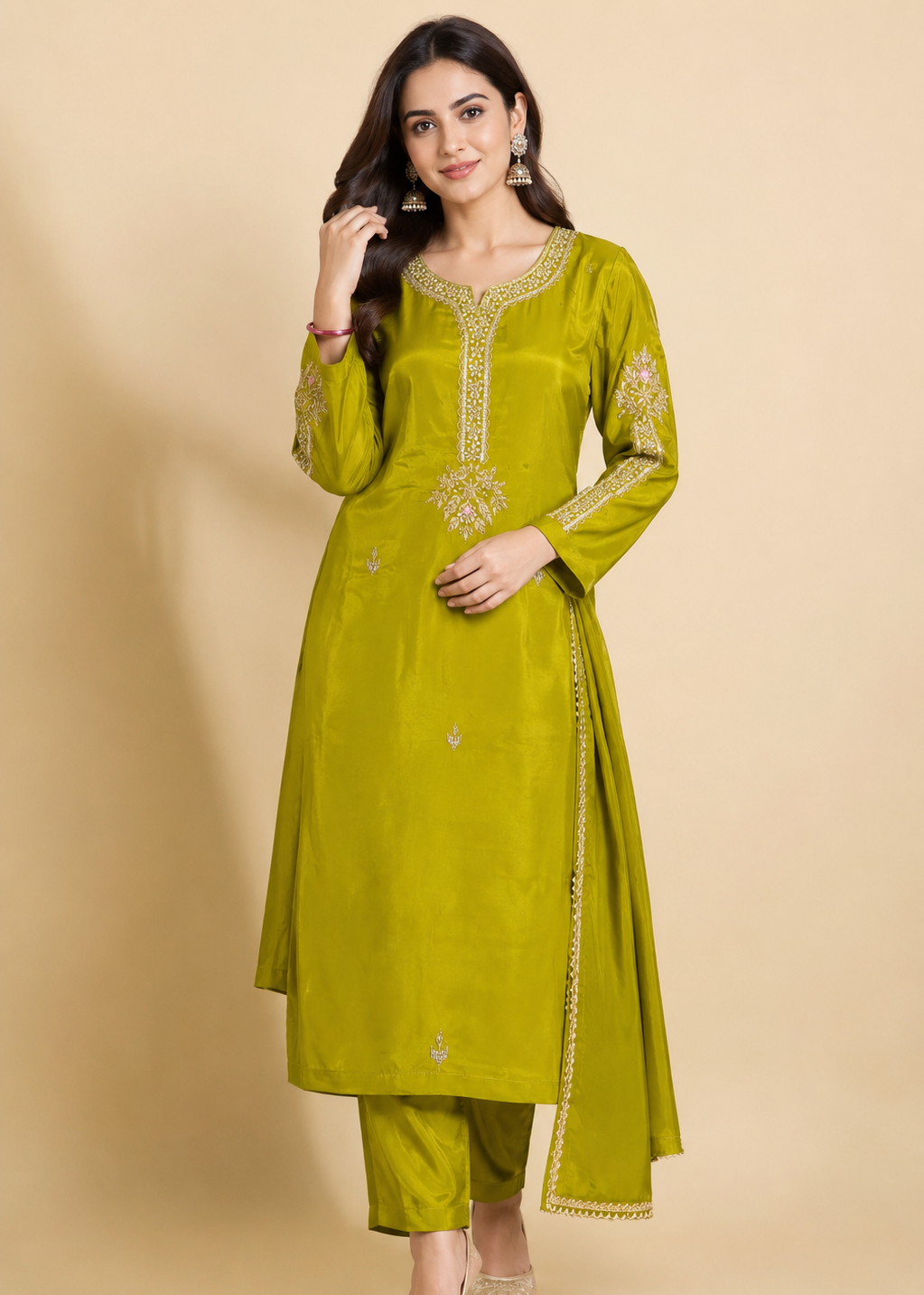 Olive Aura Embroidered Festive Suit Set