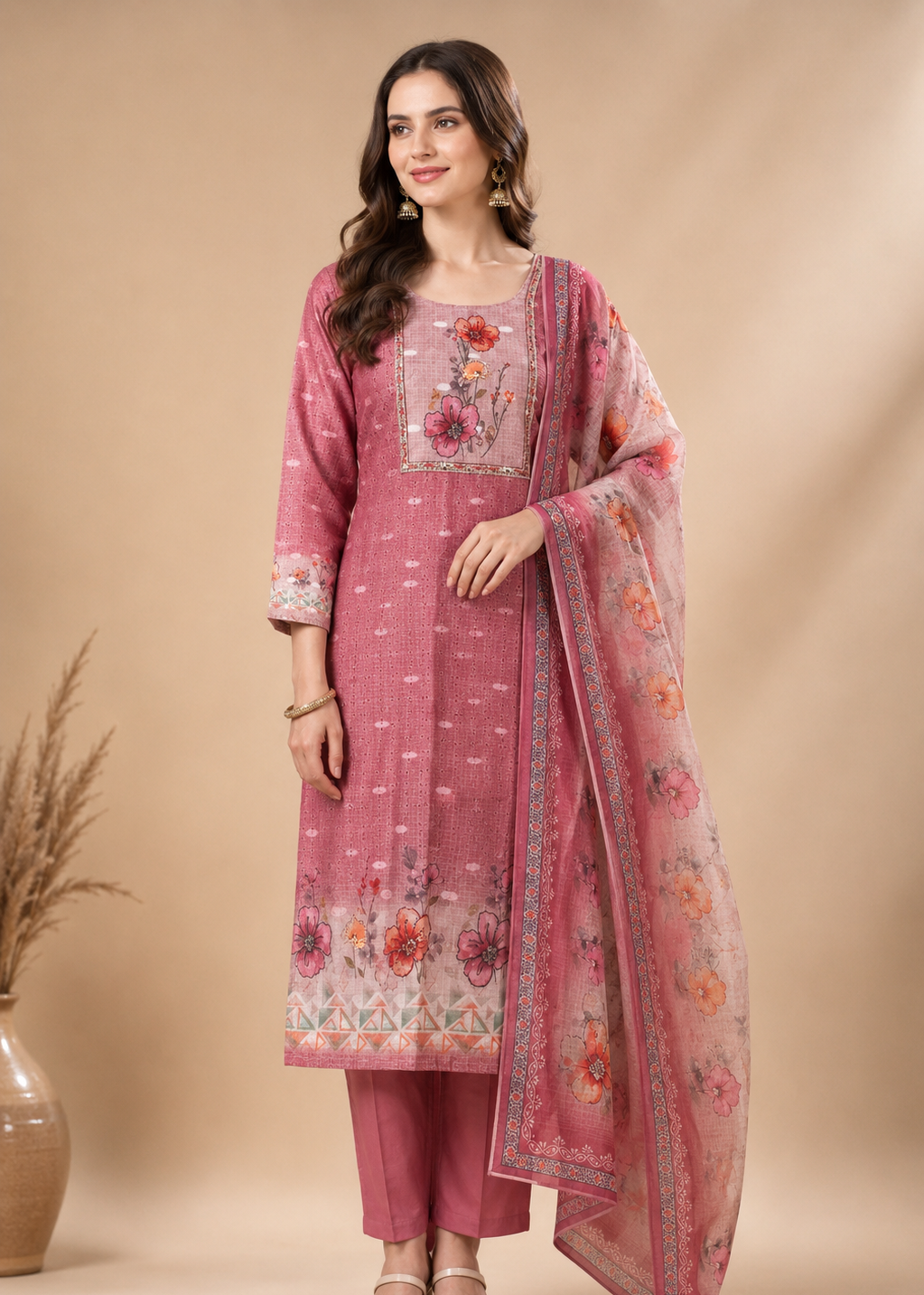Gulrose Blush Floral Printed Kurta Pant Set with Dupatta