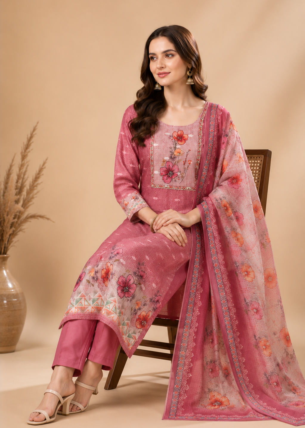 Gulrose Blush Floral Printed Kurta Pant Set with Dupatta