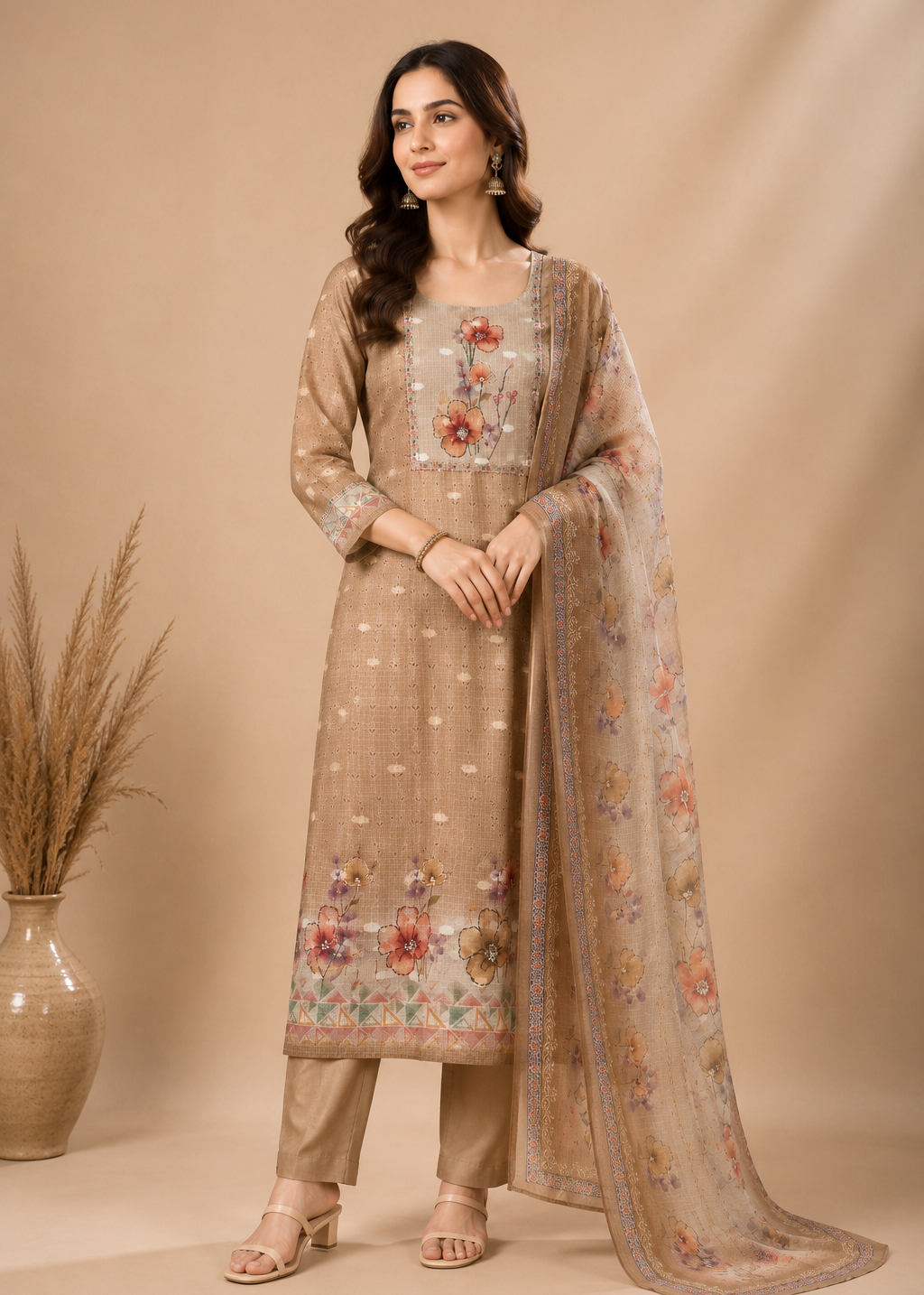 Sandstone Bloom Floral Printed Natural Crepe Kurta Pant Set with Dupatta