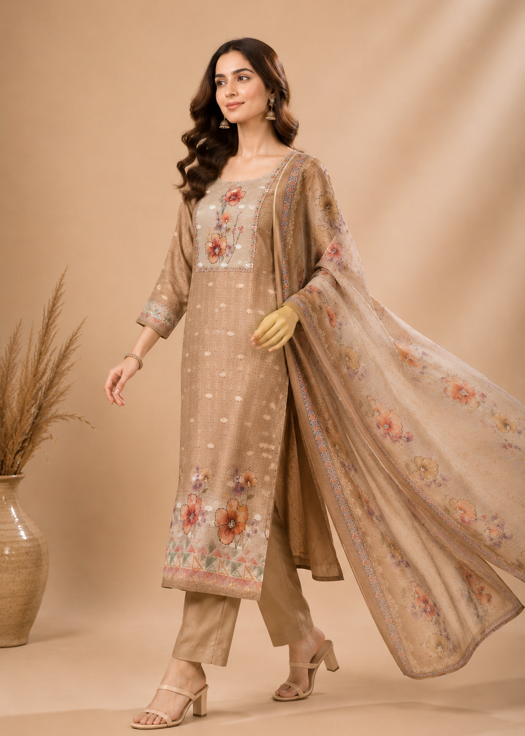 Sandstone Bloom Floral Printed Natural Crepe Kurta Pant Set with Dupatta