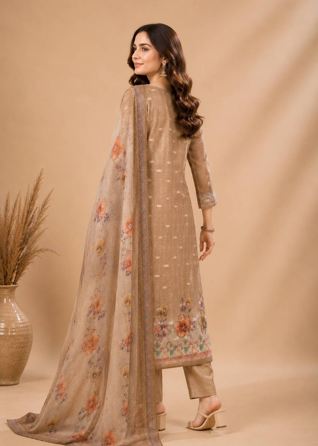 Sandstone Bloom Floral Printed Natural Crepe Kurta Pant Set with Dupatta